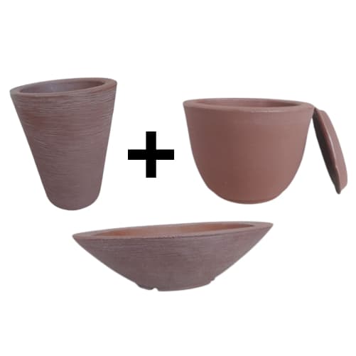 Kit 3 Vaso De Planta Cônico 16L + Vaso De Planta Redondo Com Pratinho + Bacia Vaso De Planta Cônico Rústico Marrom