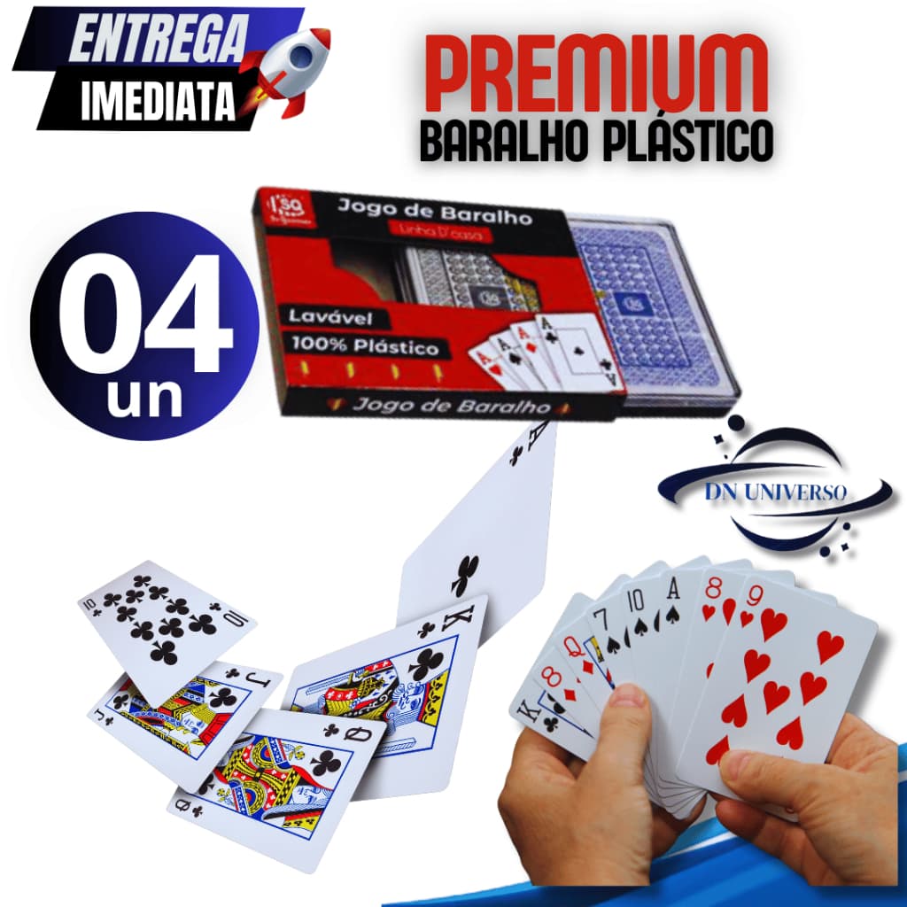 Conjunto 04 Baralho Duplo 100% Plástico 108 Cartas Lavável Resistente Jogo com estojo Qualidade Garantida