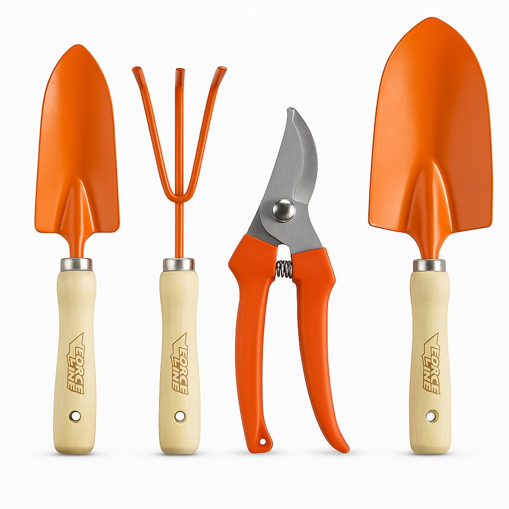 Kit 4 Ferramentas de Jardinagem Force Line – Pazinha Estreita e Larga, Rastelo e Tesoura de Poda | Ideal para Hortas, Ja