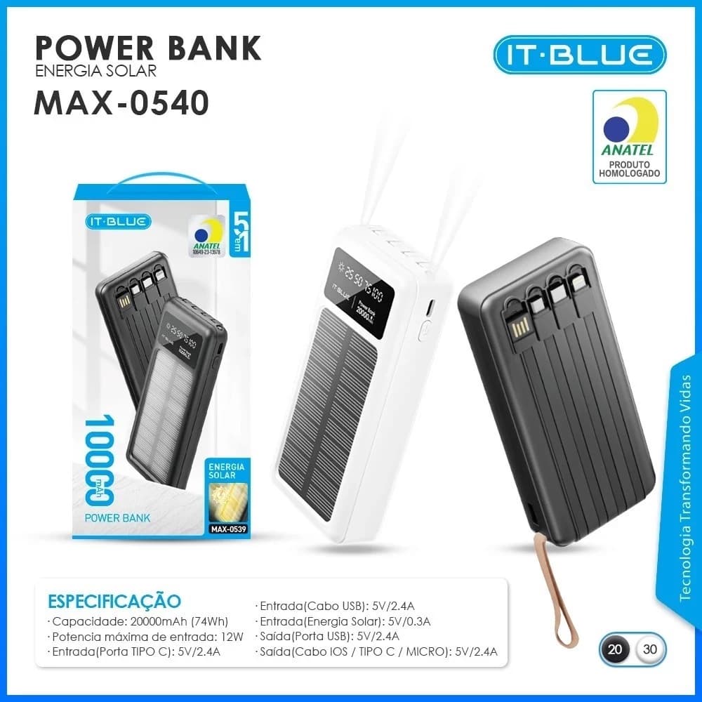 Power Bank IT-BLUE MAX-0540 20.000mAh | Solar, 4 Cabos Embutidos + Lanterna (Preto/Branco)