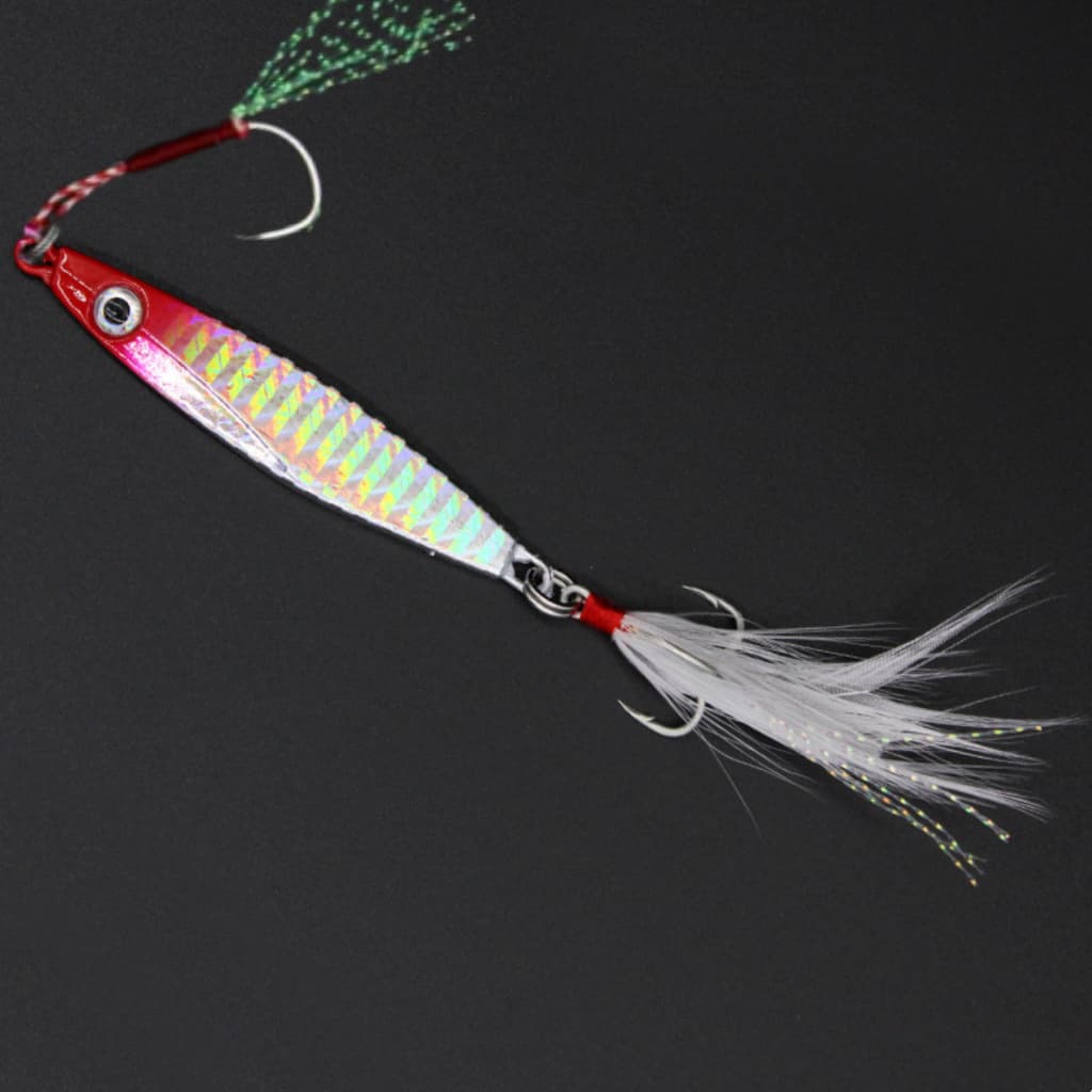 Jig Metálico Prateado Cabeça Vermelha 17g 21g 30g - Com Garatéia e Suporte hook - Penas em Ambas as partes - Holográfica