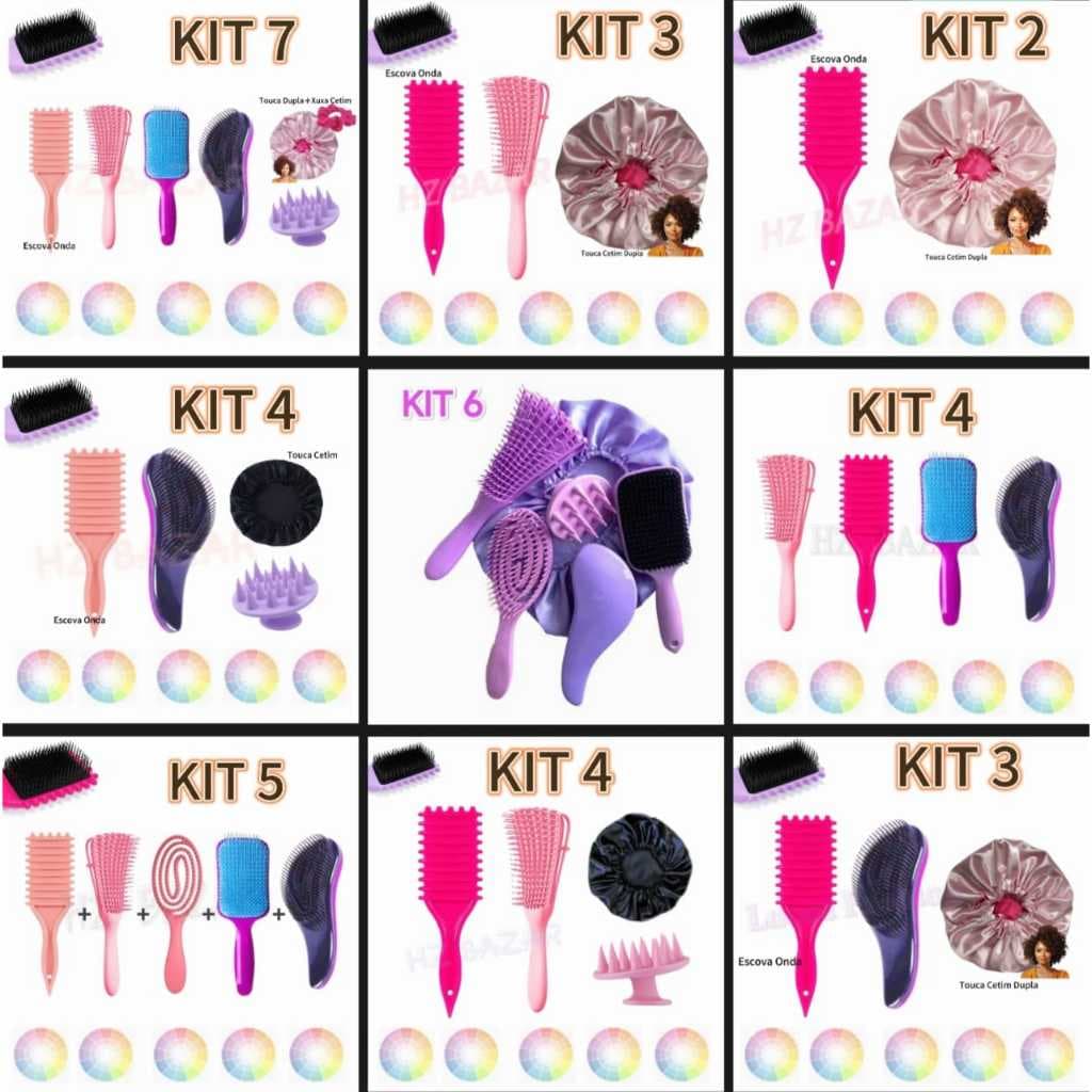 Kit Escova várias itens/ escova onda / Raquete /Mágica /Polvo/Massageador de Silicone e Touca de Cetim e touca cetim
