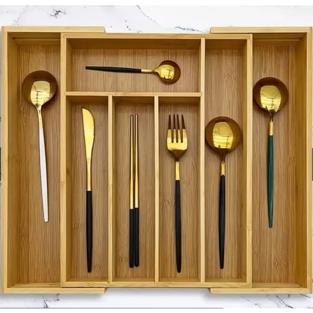 Porta Talheres Gaveta Bambu 7 Divisórias Extensível Ajustável  Organizador Talheres Madeira
