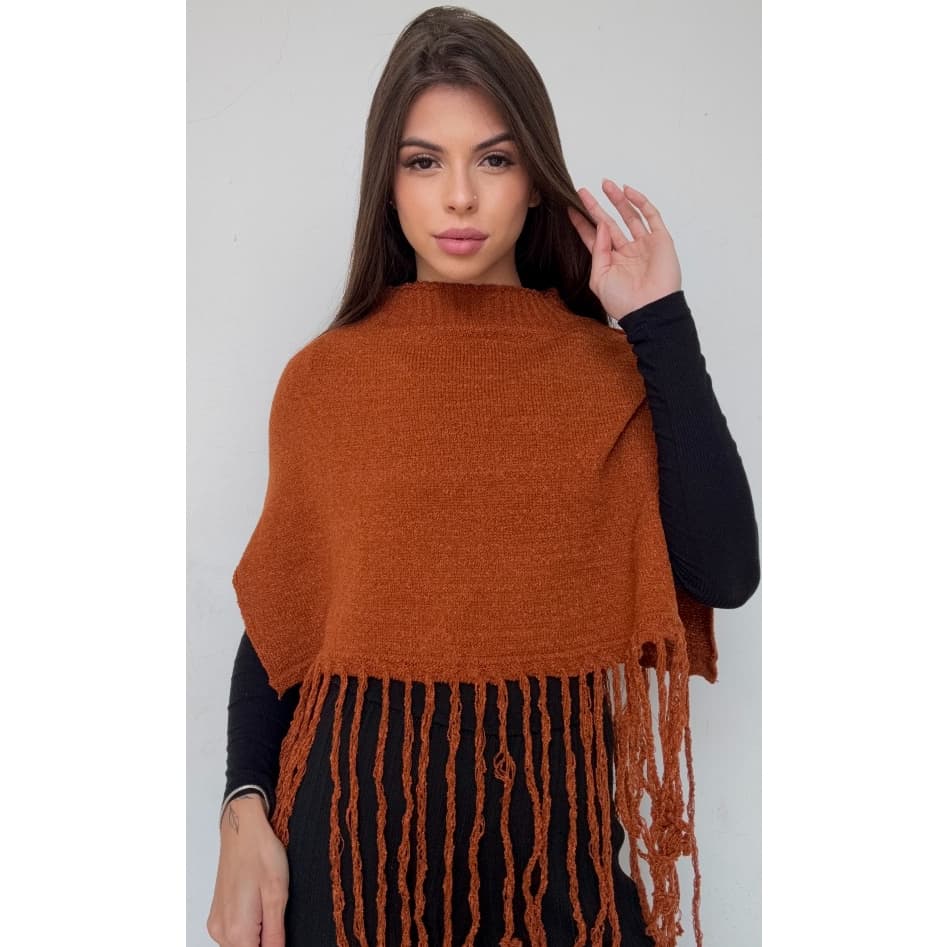 Poncho Tricot Mousse Feminino Franjas Gola Canelada Look Inverno Quentinho Boho Casual Chic
