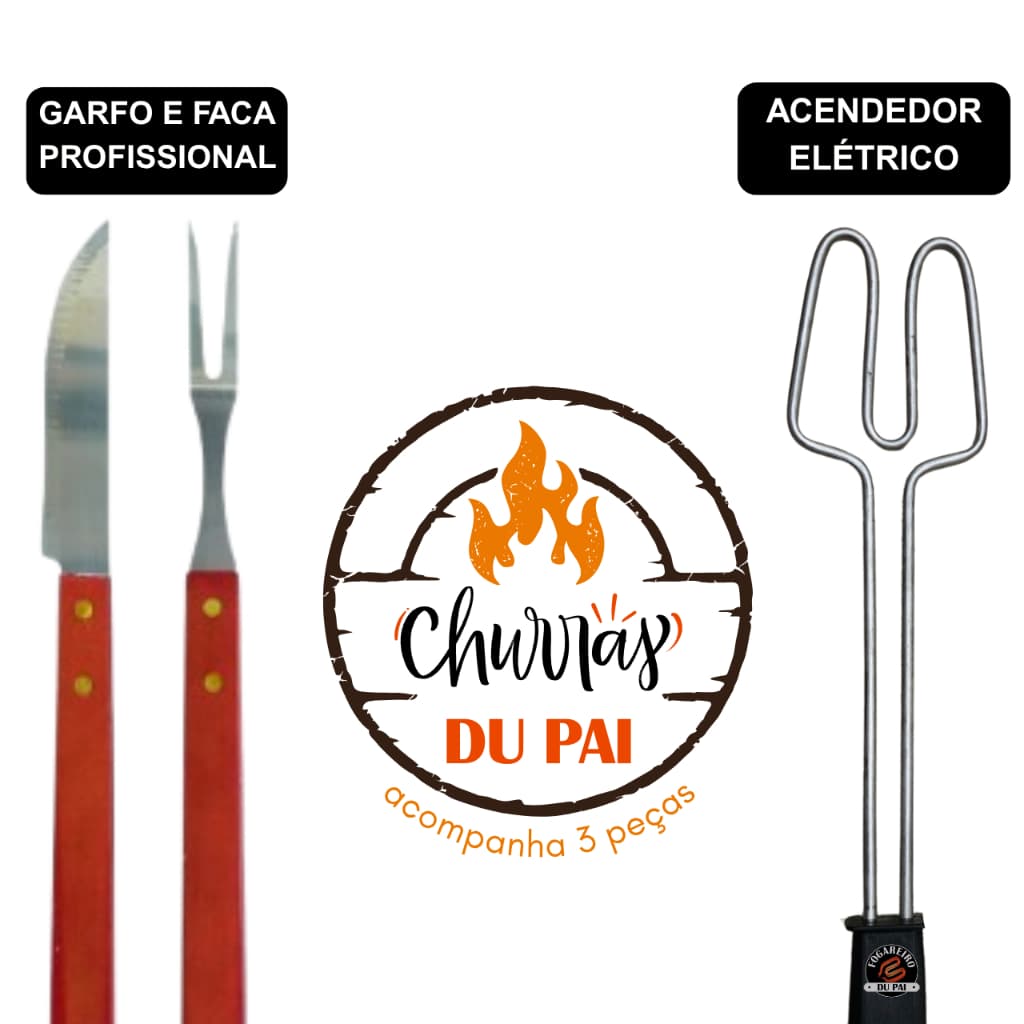 KIT CHURRASCO COMPLETO ACENDEDOR ELÉTRICO GARFO E FACA INOX ALTA QUALIDADE PRESENTE CHURRASQUEIRO.
