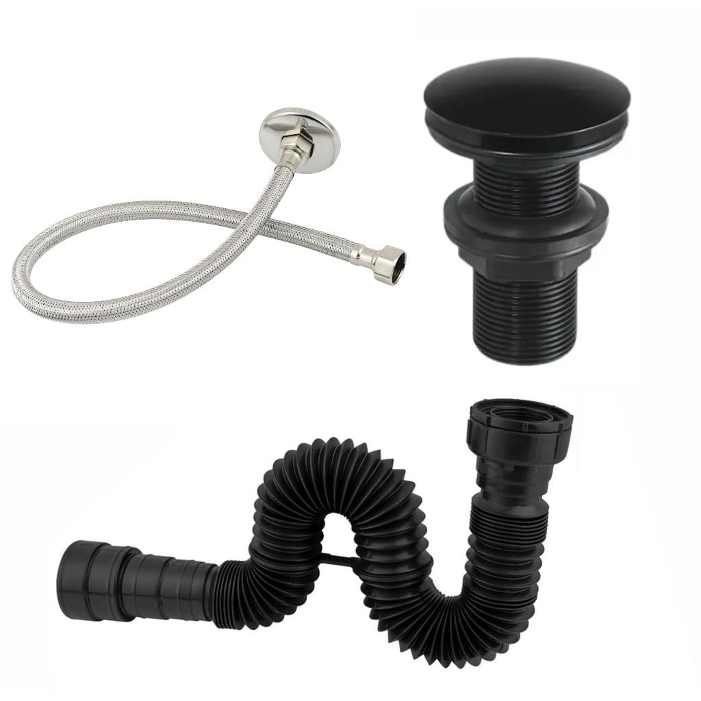 Kit Banheiro Cozinha Pia Válvula Click 7/8 Abs Preta Sifao Universal Engate 40cm