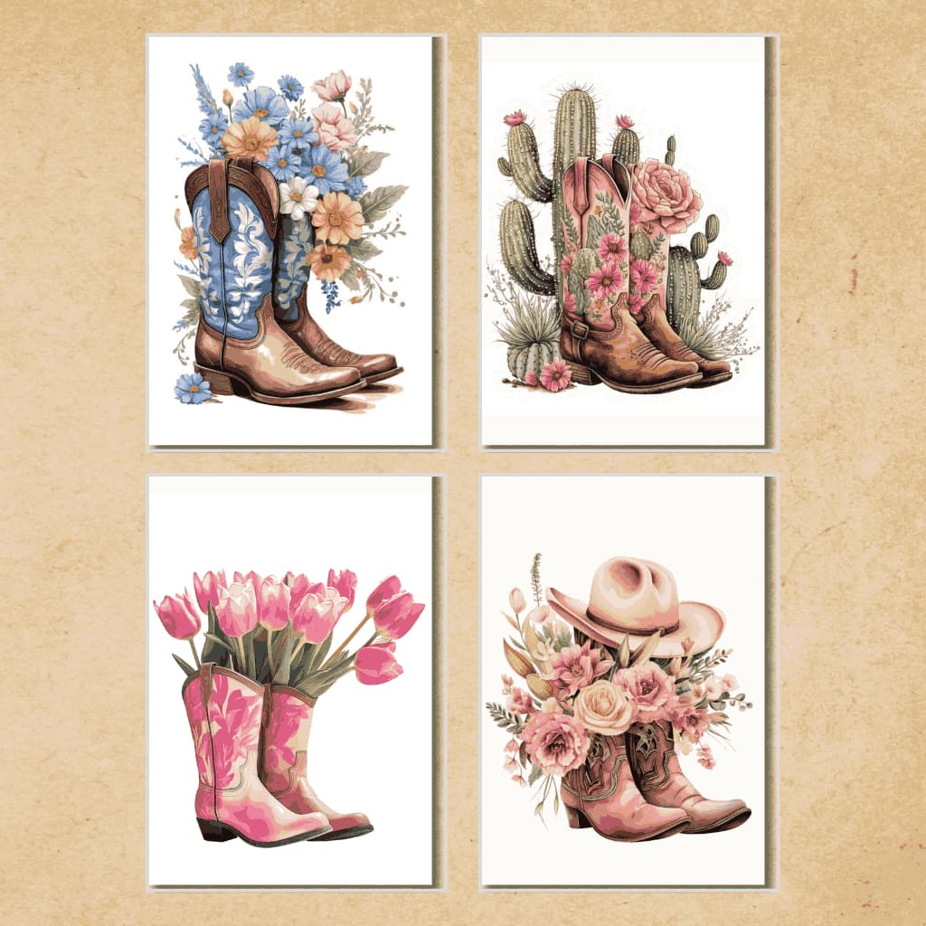 Kit 4 Quadros Decorativos Country • Botas Cowgirl • Estilo Rústico / Feminino / Western