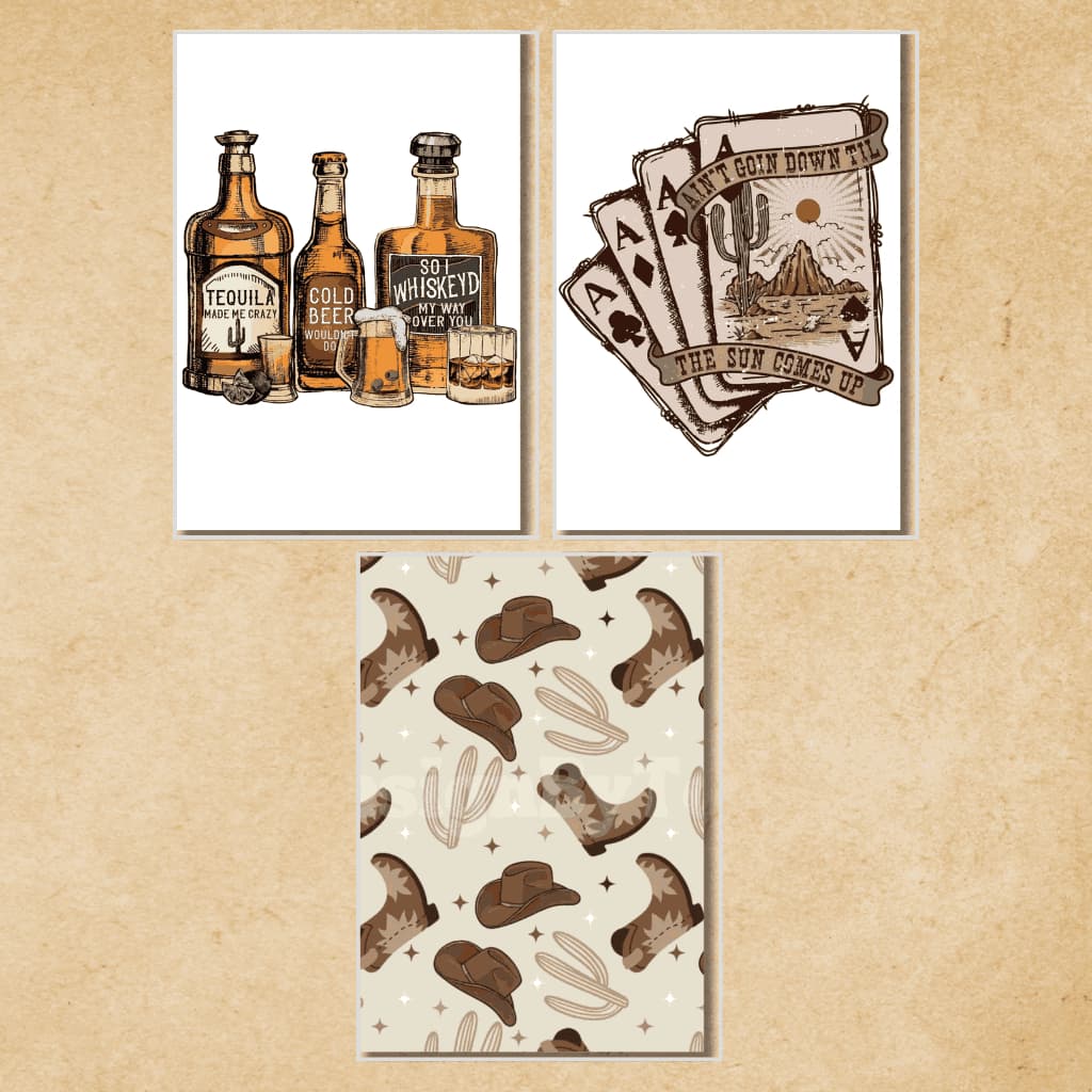 Kit 3 Quadros Decorativos Country • Tema Whiskey • Estilo Rústico / Bar / Faroeste