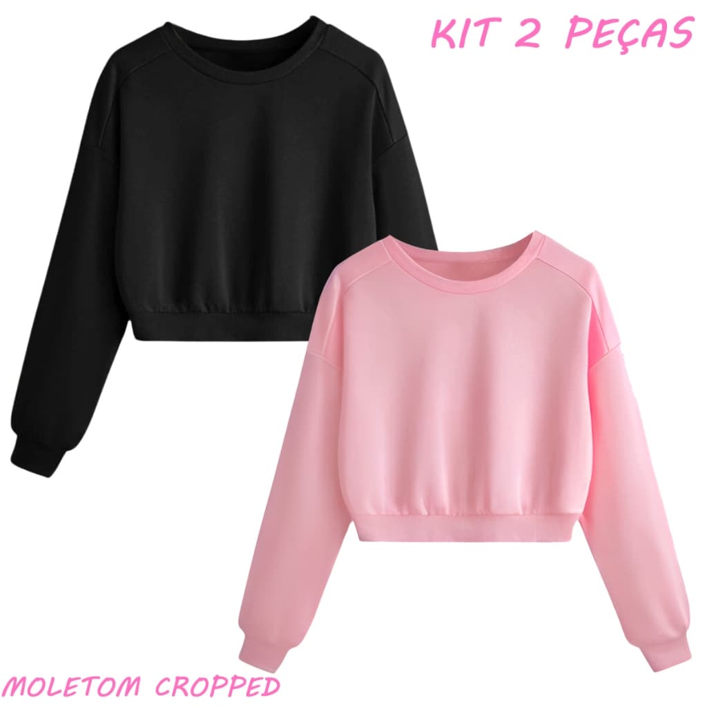 Kit 2 Cropped Moletom Feminino Blusa Frio  Gola Redonda Liso Sem Estampa
