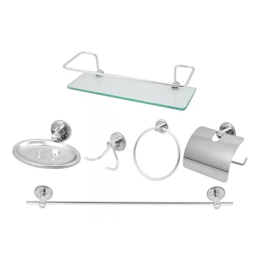 Kit Acessórios Para Banheiro Aço Inox 5 Peças + 1 Porta Shampoo Vidro Reto
