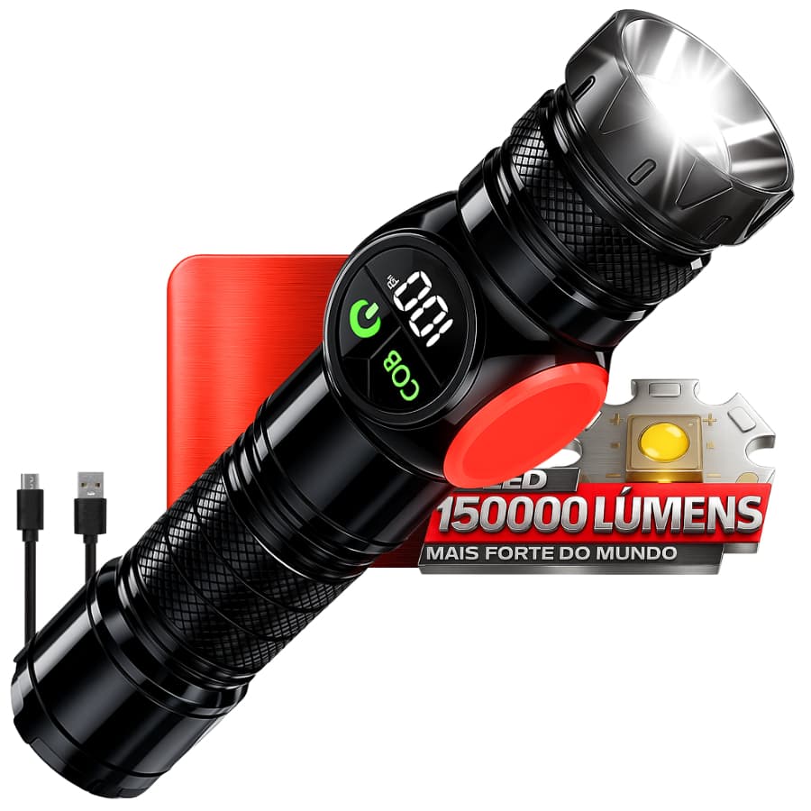 Lanterna LED Tática XHP360 com Zoom, 9 Modos COB, Power Bank USB, Resistente à Água