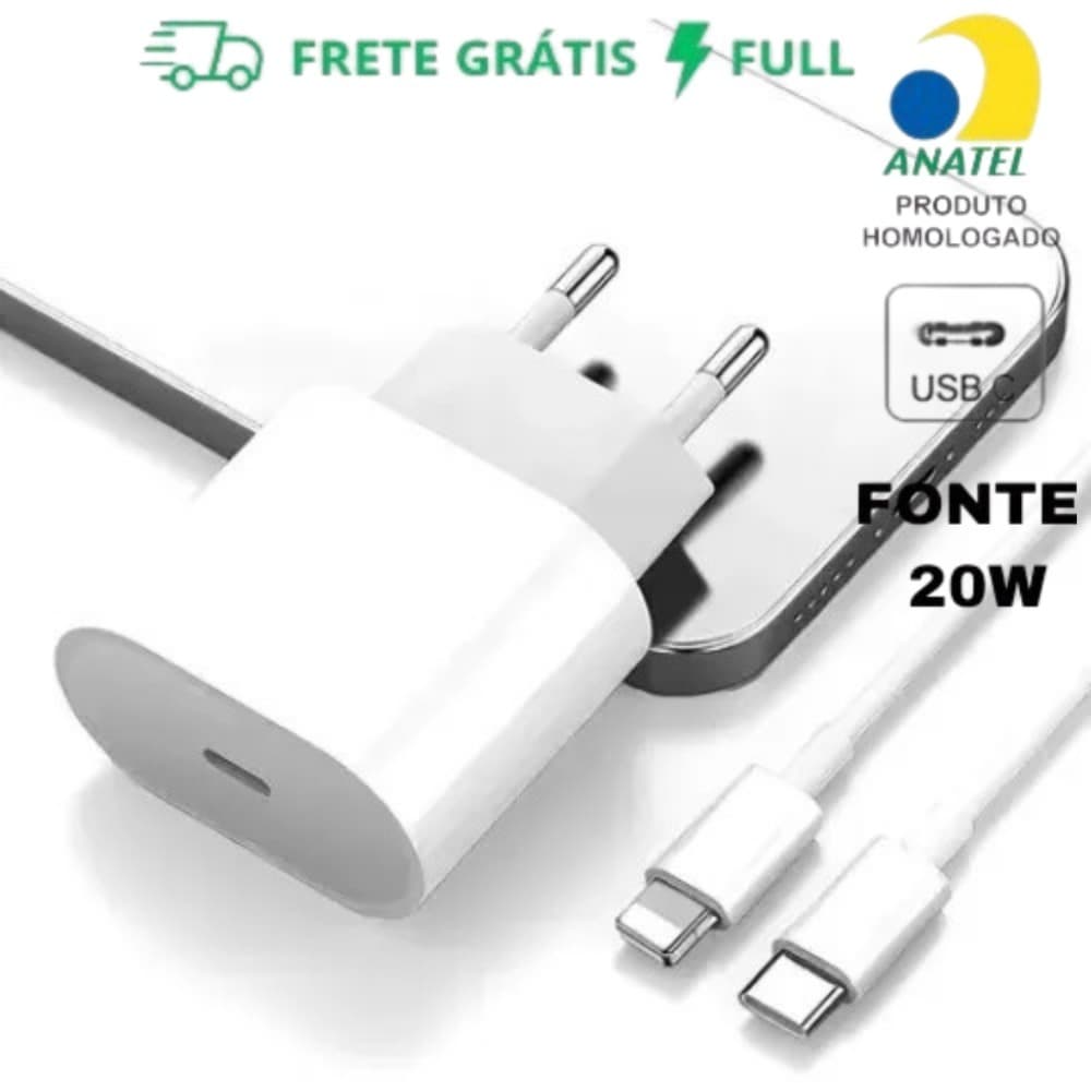 Kit Carregador iPhone Fonte Turbo 20W + Cabo USB-C Lightning PD Rápido Original 11 12 13 14 15