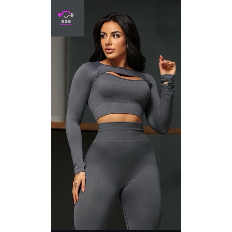 conjunto calça cintura alta compressão cropped manga longa dedeira poliamida academia fitness