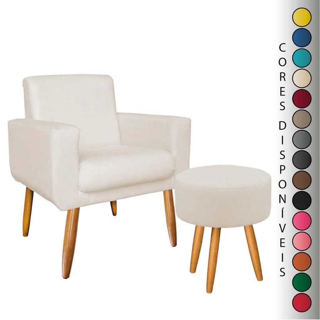 Kit Poltrona para Sala Decorativa Annita Pés Trapézio e Puff Redondo Suede Aninha Decor