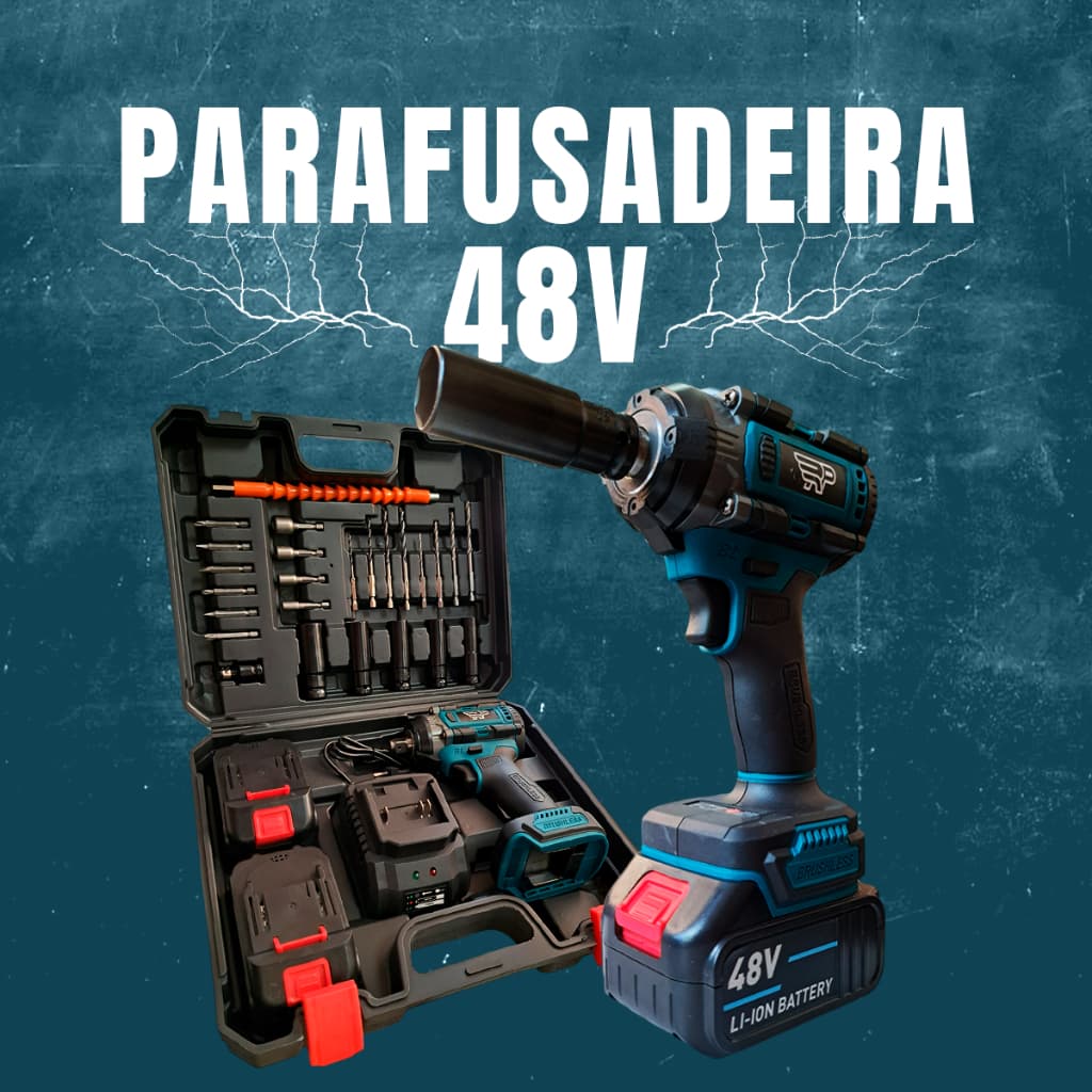 Furadeira Parafusadeira Chave Impacto Elétrica de Roda 48V 500Nm 2 Baterias Completo Alta Potência