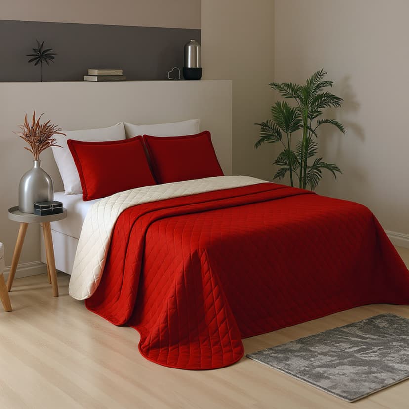 Kit Cobre Leito Cama Queen Colcha Dupla Face Realeza 3 Peças Vermelho