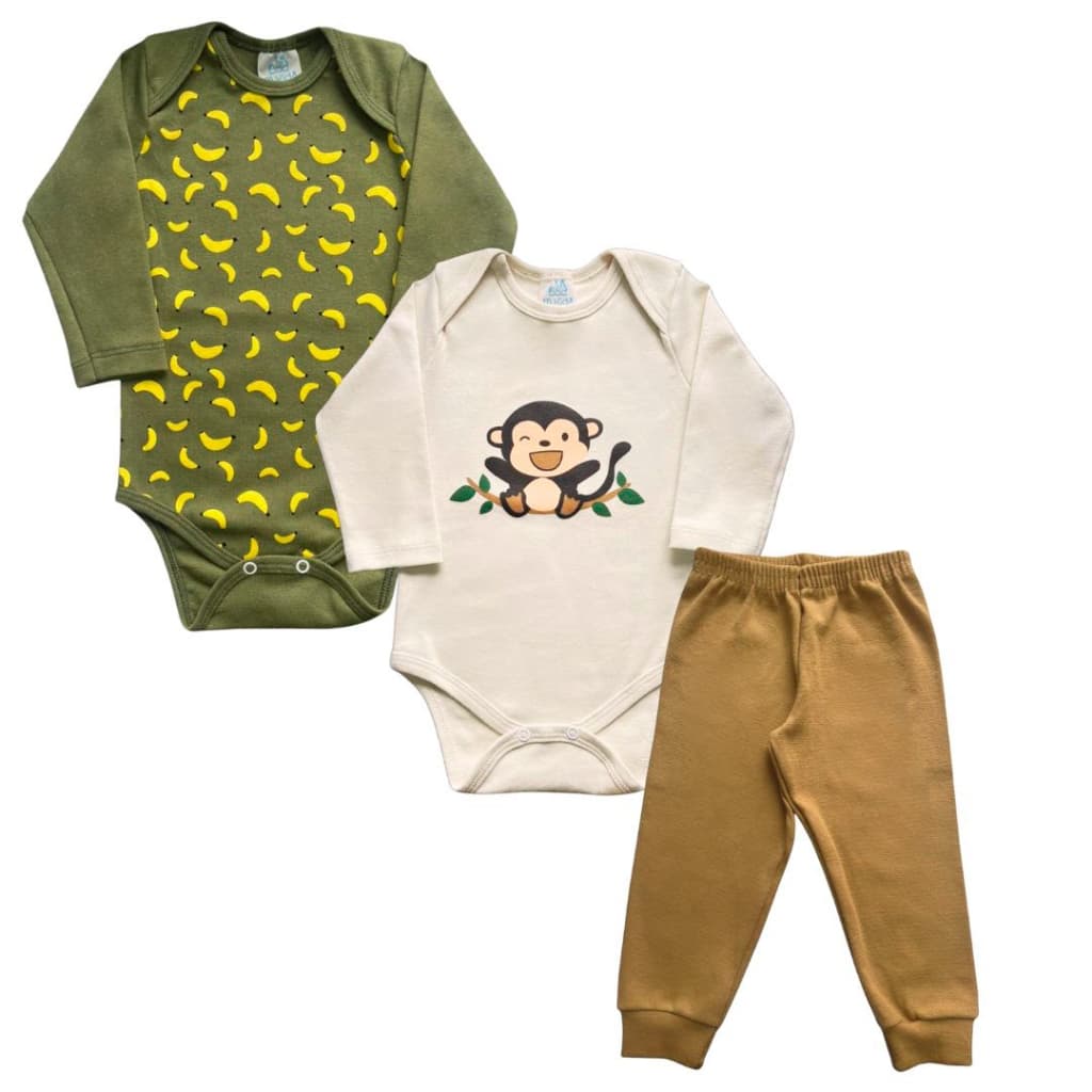 Kit Body Bebê 3 Peças Conjunto 2 Bodies Manga Longa + Calça P ao GG/ Roupa Bebê Menino Enxoval