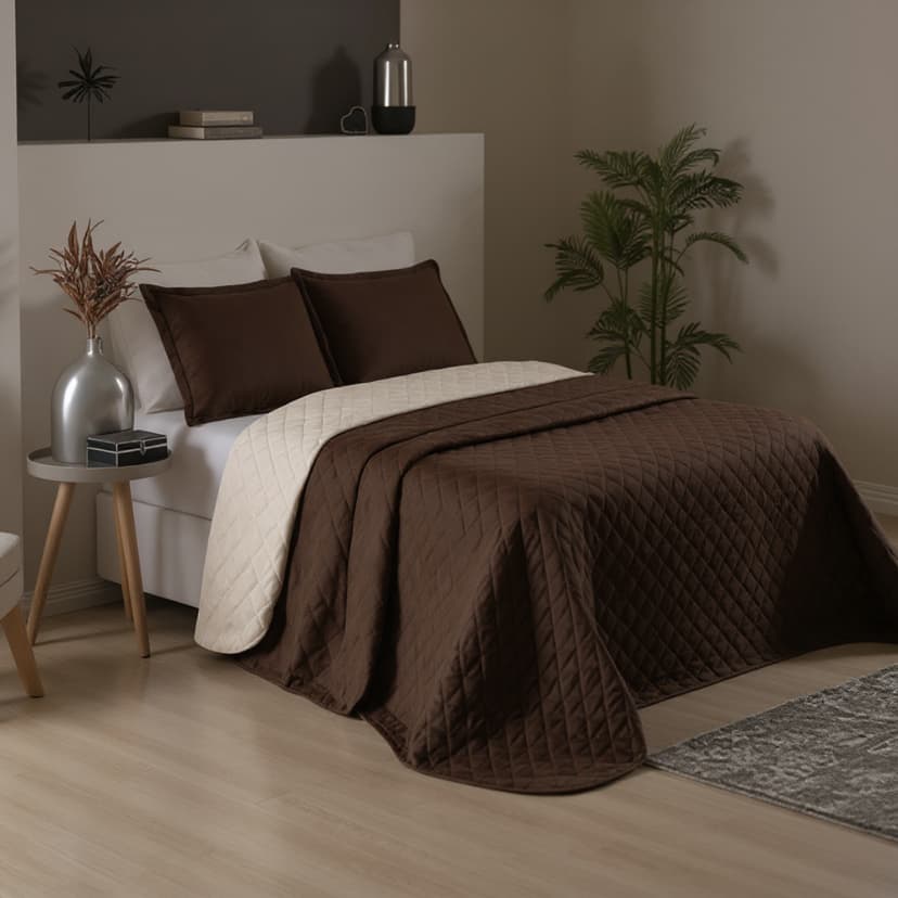 Kit Cobre leito Realeza Cama Queen Colcha Dupla Face 3 Peças Marrom