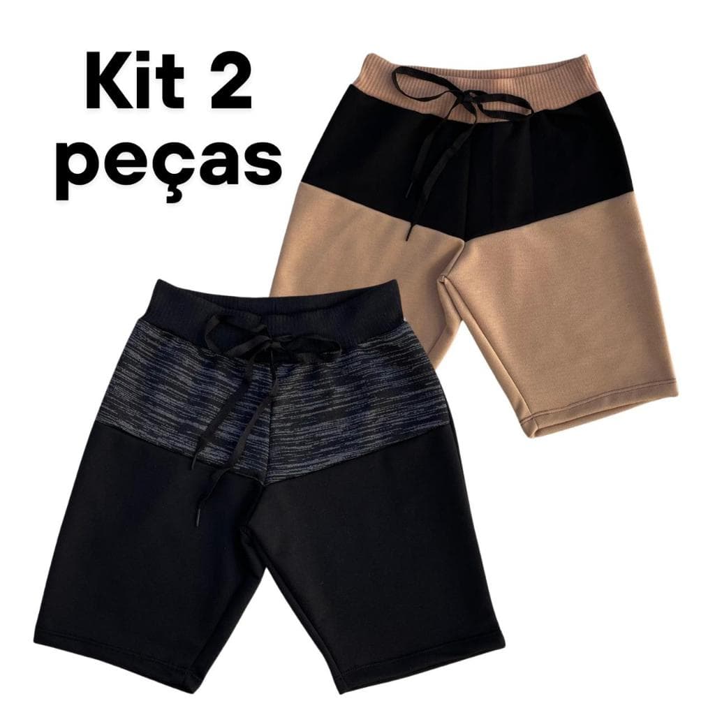 Kit 2 Bermudas Bicolor Shorts Infantil Masculina Moletom Moletinho Menino criança 02 a 12 anos