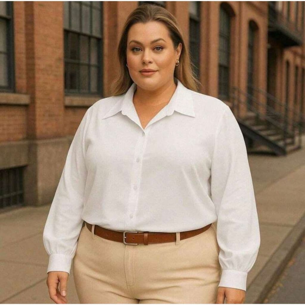 Camisa  Social feminina Plus Size liso Manga Longa Elegante
