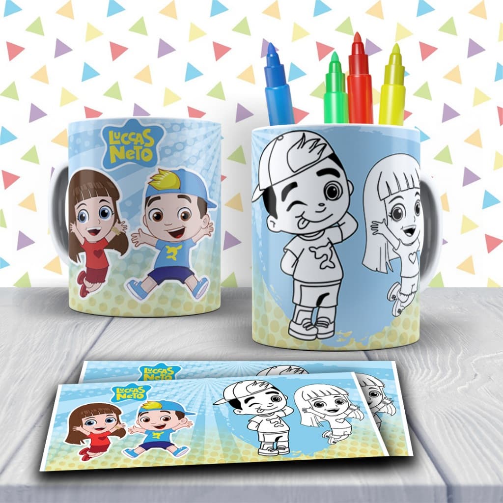 Caneca Luccas Neto para colorir - caneca polímero + 6 canetinhas laváveis