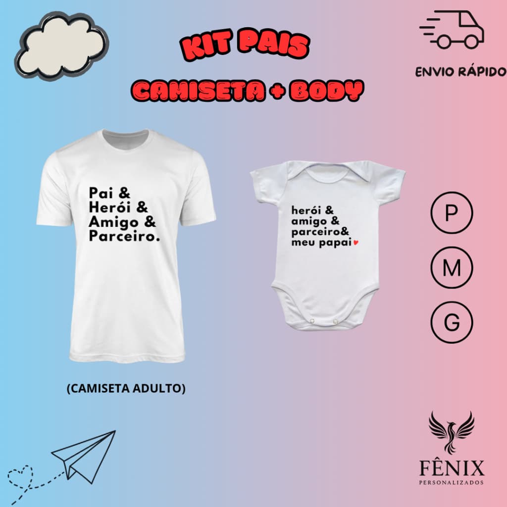 Kit Camiseta Adulto + Body De Bebê Personalizado Dia Dos Pais