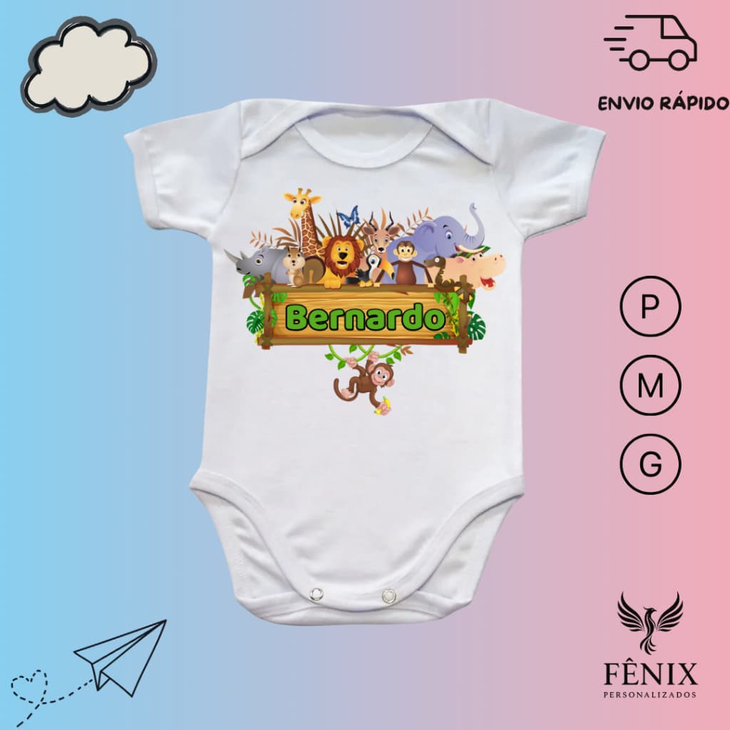 Body De Bebê Personalizado Com Nome Safari Selva Criativo Infantil Mesversario Animais