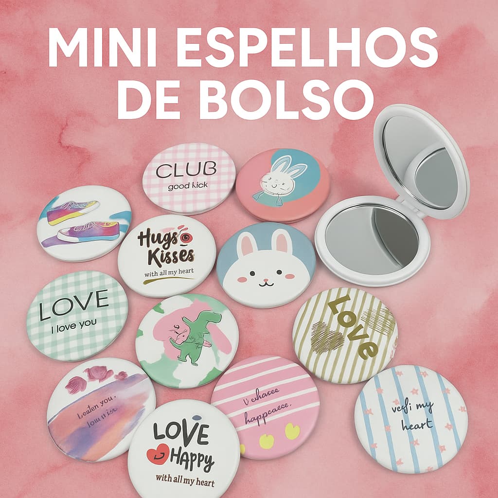 Espelhos Duplo de Bolsa Redondo Maquiagem 1/3/6 Unidades Diversas Estampas