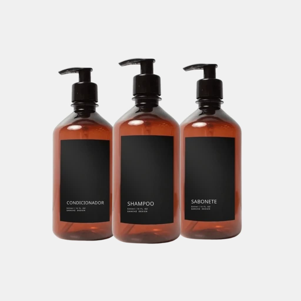 Kit Banheiro Minimal Preto Shampoo Condicionador E Sabonete Frasco Dispenser Âmbar Banheiro Sanchz Design