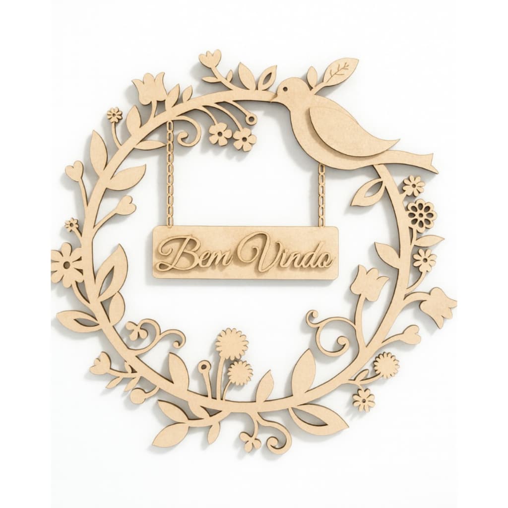 Guirlanda Decorativa MDF 3mm – “Bem Vindo” com Pássaro | Personalizável 30x30cm