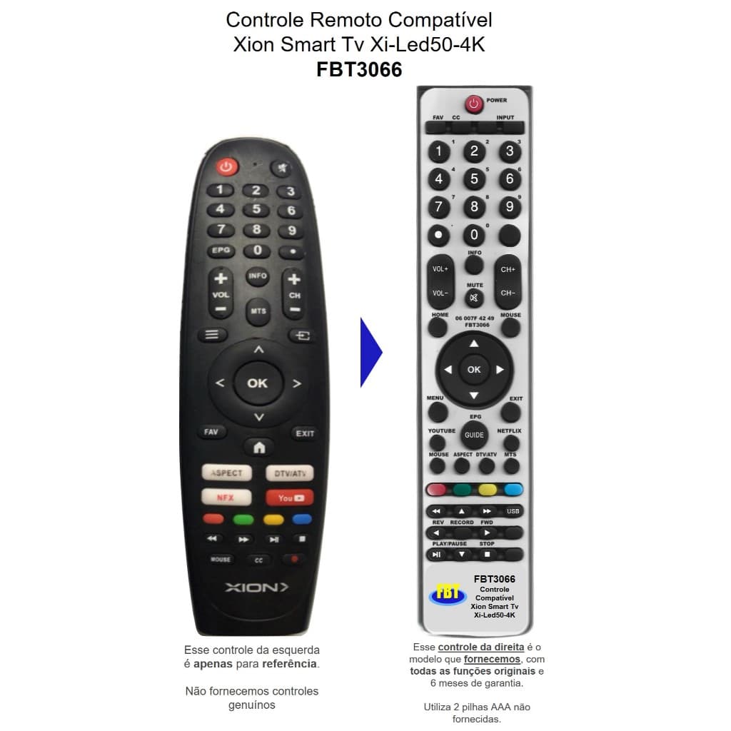 Controle Remoto Compatível p/ Xion Smart Tv FBT3066