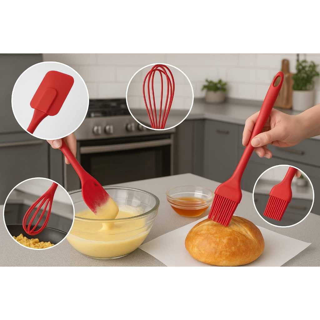 Kit Utensilio Culinário 3 Peças em Silicone Espátula Pincel e Batedor 3 Cores Cozinha Confeiteiro