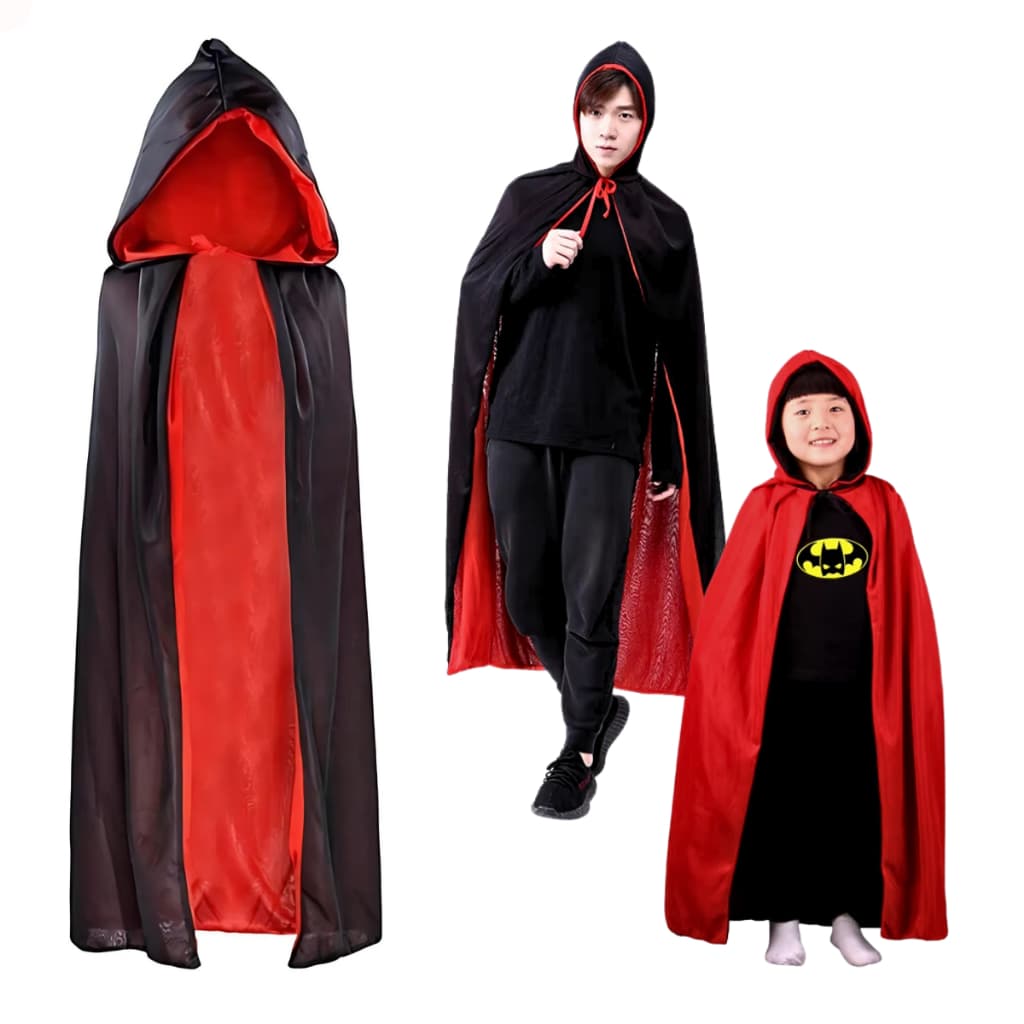 Capa Com Capuz Dupla Face Preto Vermelho Fantasia Halloween Bruxa Vampira Drácula Vampiro Feiticeira Adulto Infantil