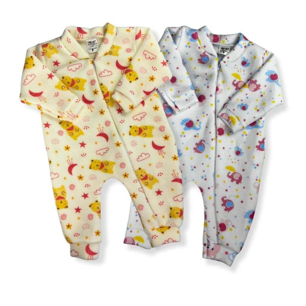 Kit com 2 Macacão de Bebê com Zíper – Soft Estampado Quentinho e Macio