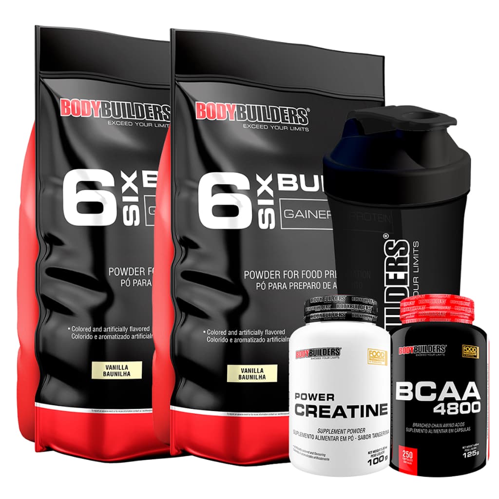 Kit 2x Hipercalórico 6 Six Bullking 6kg + Bcaa 4800 250 Capsulas + Power Creatina 100g + Coqueteleira