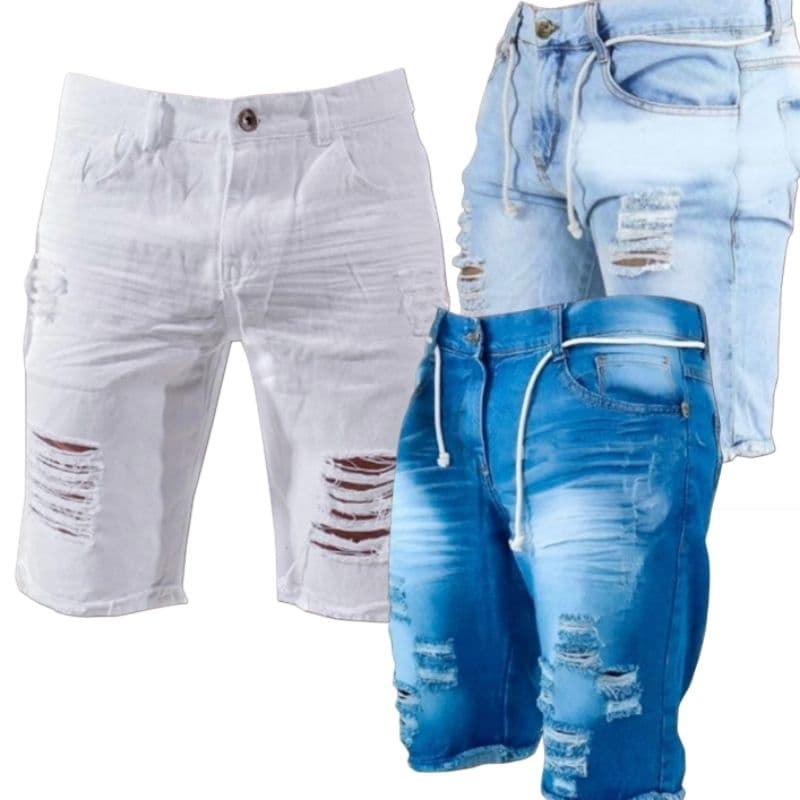 Kit 3 Bermuda Jeans Rasgada C/ Lycra Destroyed