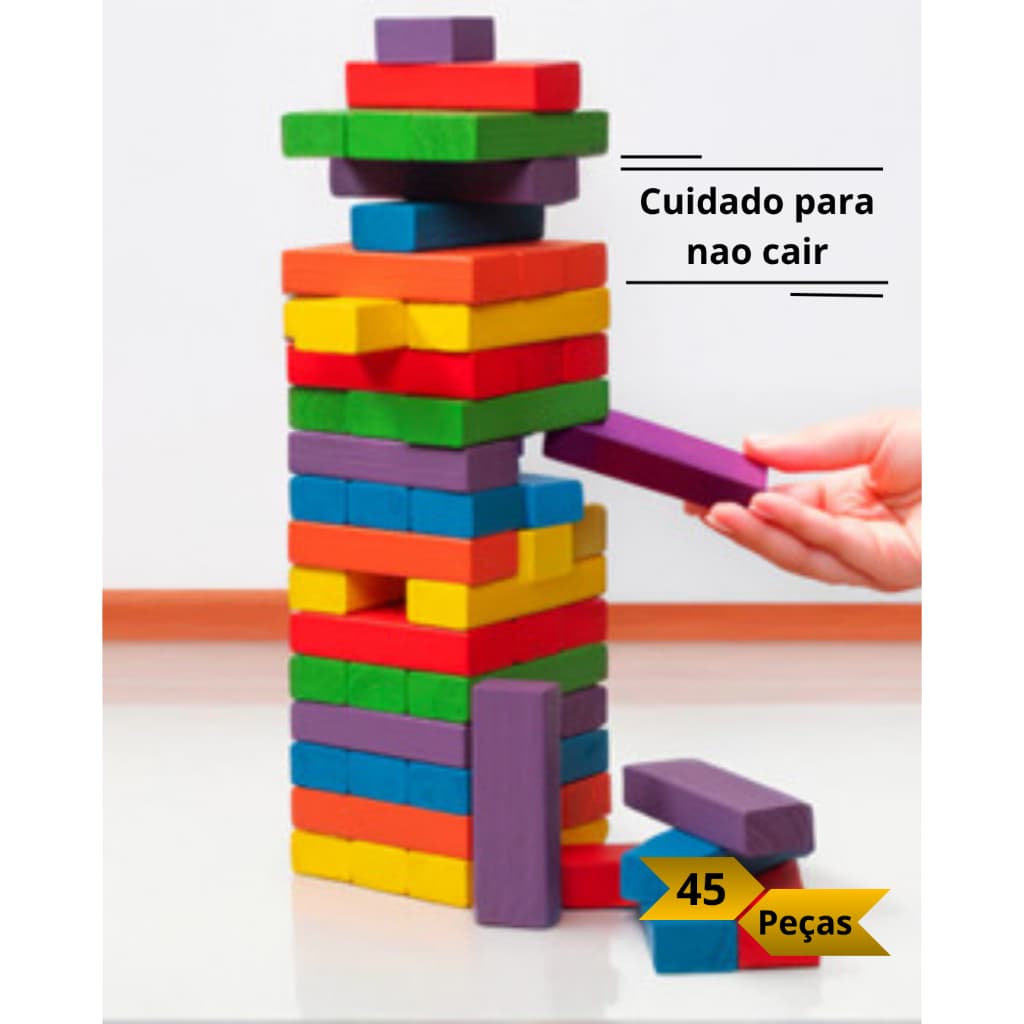 Jogo Caiu Perdeu Pais & Filhos de Madeira Jogo da Torre de plastico 45 Peças Desenvolve Coordenação