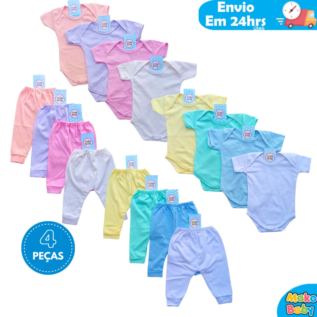 Kit 4 Peças Mijão Calça e Body Bebe Manga Curta Menina e Menino Algodão