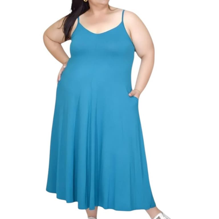 Vestido Midi Plus Size Viscolycra Premium com Bolso Modelagem Mullet Acinturada Elegante Moda Evangélica Feminina