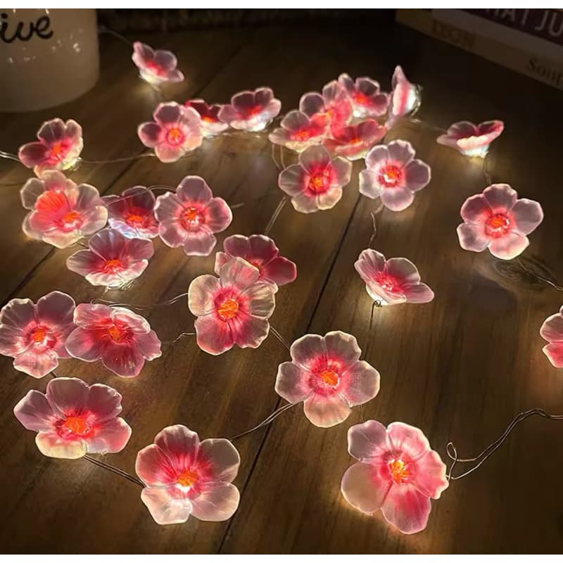 Fio de luz cordão varal luminoso de flores cerejeira rosa iluminação 2 metros