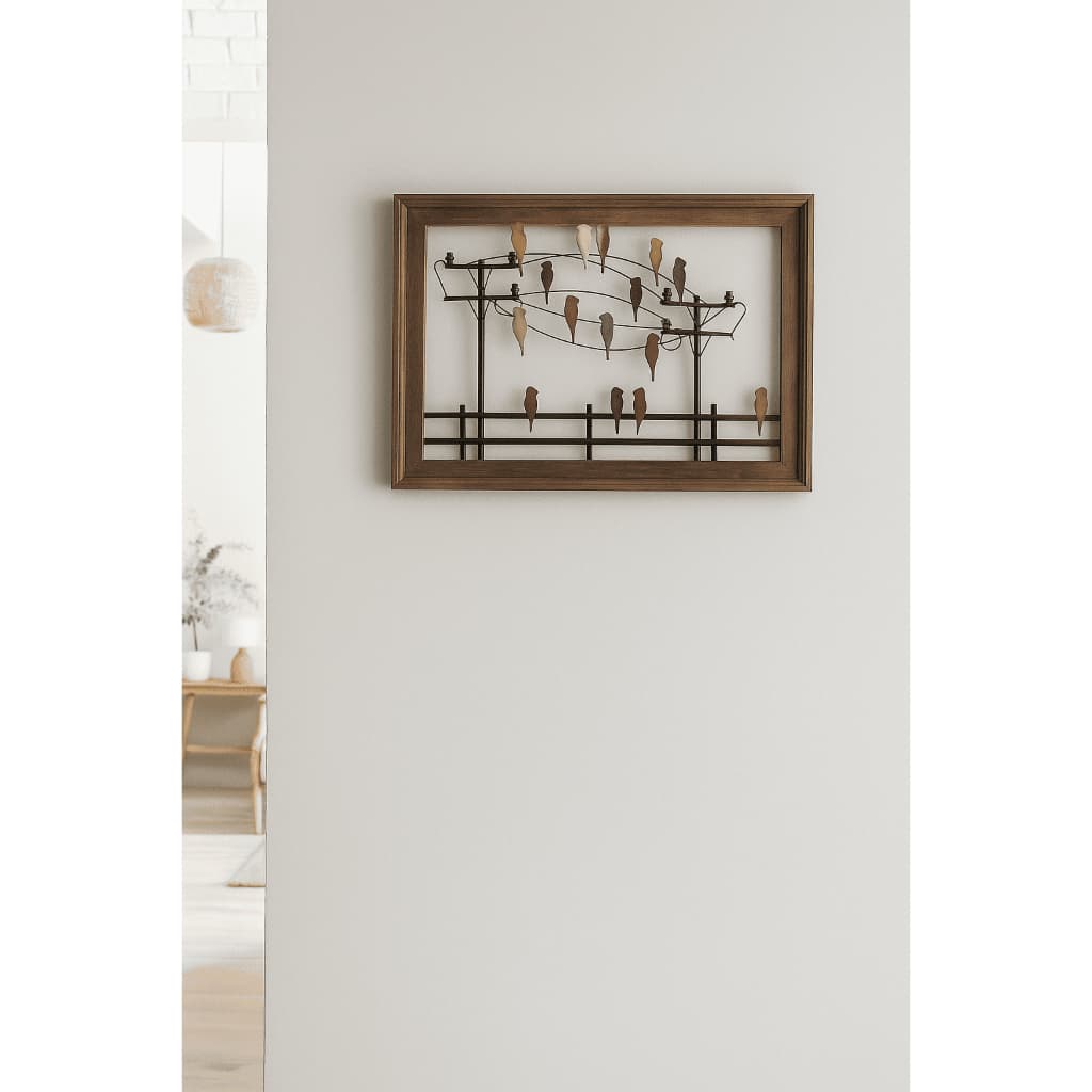 Quadro 3D Com Pássaros Em Ferro E Madeira Decoração Parede