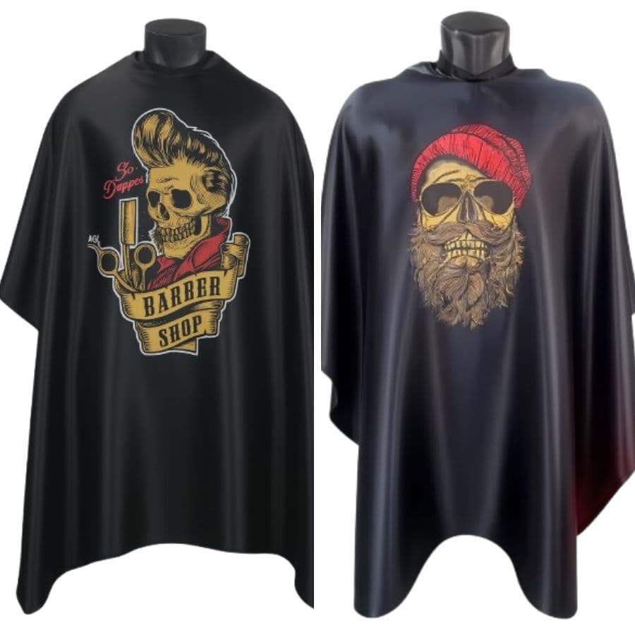 Capas Corte Adulto Caveira Vermelha e Caveira Touca Cetim p Barbeiros Cabeleireiro Barbershop