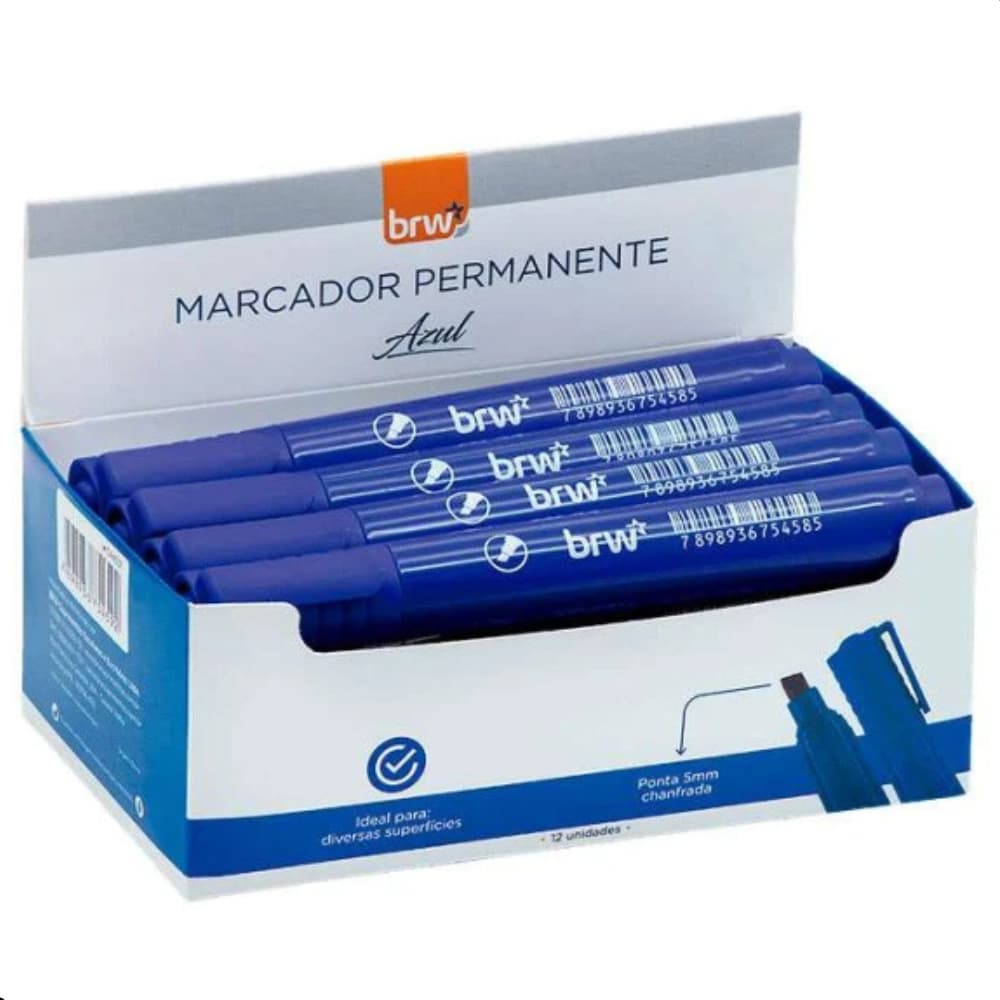 Kit 12 Pincéis Atômicos BRW Azul 5mm Marcador Permanente - Escolar e Escritório