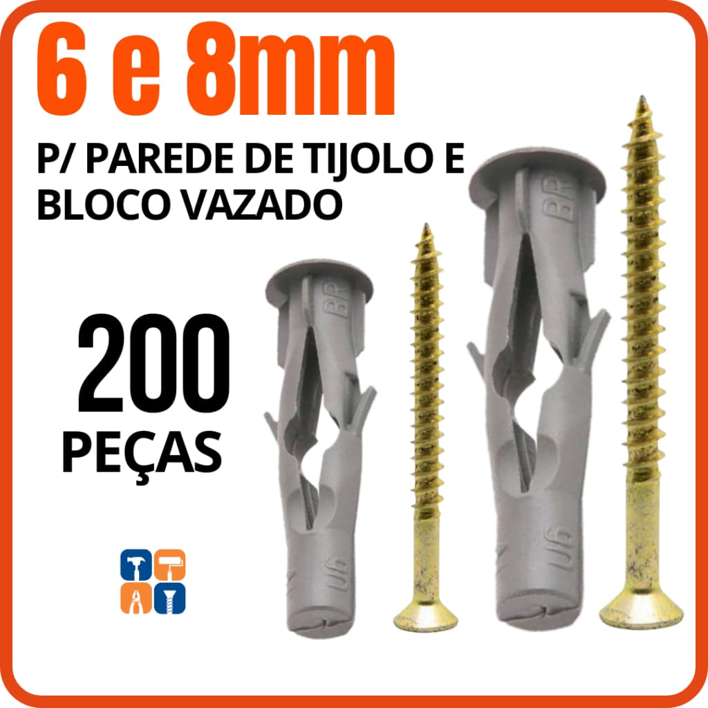 Kit Bucha FU para Tijolo Vazado 6mm 8mm com 100 Buchas e Parafusos Bloco Oco Tijolo Baiano Furado