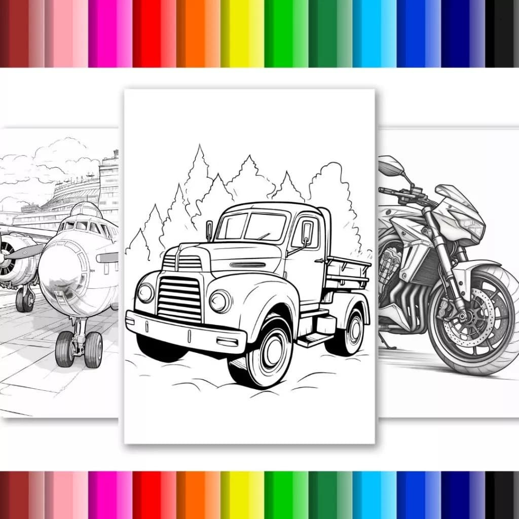 Kit 60 Desenhos para colorir Carros, Motos, avião, Trator, caminhão, em Folhas soltas A4