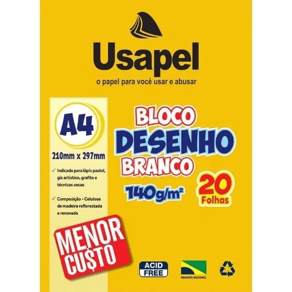 Bloco de Desenho A4 Branco 20 Folhas 140g com (UP25058) Usapel