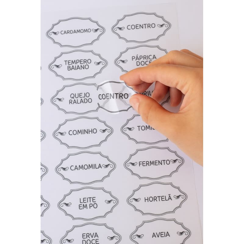 50 Etiquetas para Potes Organizadores em Vinil Branco ou Semi Transparente - PROVA D'ÁGUA