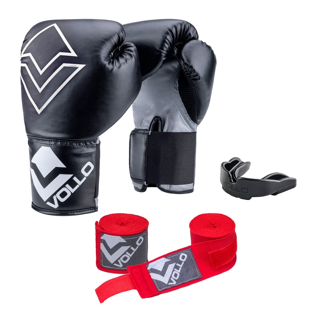 Kit Boxe Vollo Iniciante Luva 12Oz + Protetor Preto+ Bandagem Vermelha