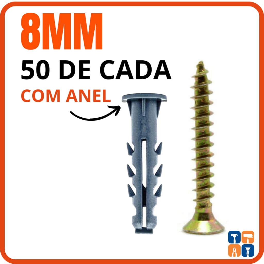 Bucha 8mm com Parafuso 8 Kit 50 Parafuso 8 Philips e Bucha 8 com Anel Aba para Parede Buchas