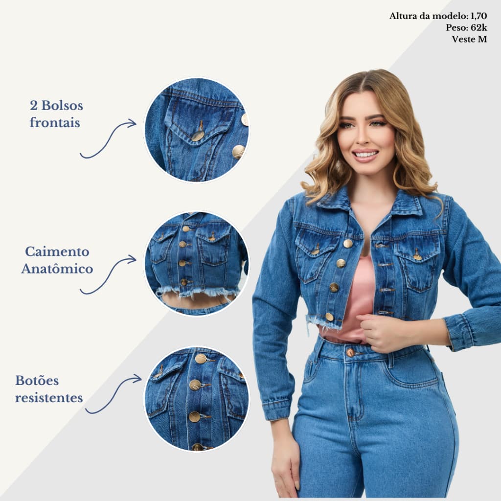 Jaqueta Feminina Jeans Cargo Desfiada Jaquetinha Cropped Inverno Desfiada Destried